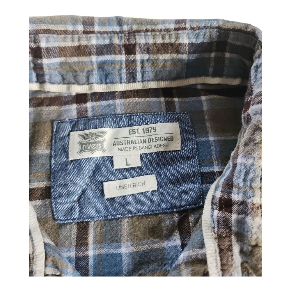 Rivers Linen Blend Button Down Shirt Men Large Blue Brown Plaid Casual Summer - Picture 2 of 7